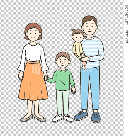 Full-body illustration of a young family of four 124180259