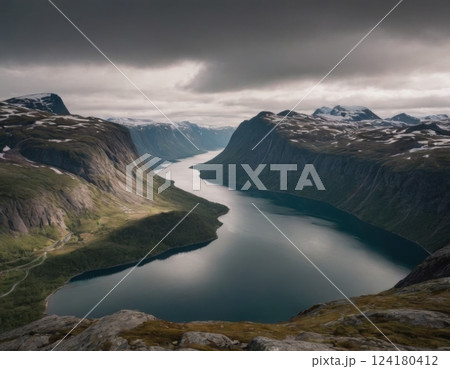 Mountains and river, autumn landscape. Mountains and river, autumn landscape. 124180412