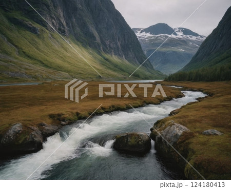 Mountains and river, autumn landscape. 124180413