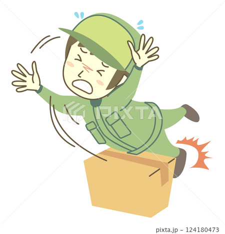 段ボール箱につまづいて転んでしまう男性配達員 段ボール箱につまづいて転んでしまう男性配達員 124180473