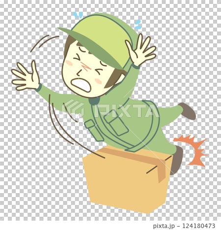 段ボール箱につまづいて転んでしまう男性配達員 段ボール箱につまづいて転んでしまう男性配達員 124180473