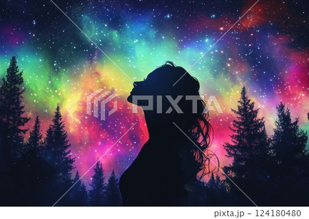 Silhouette of woman with long hair, northern lights in background. 124180480
