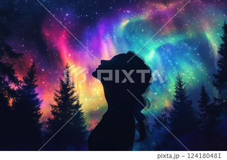 Silhouette of woman with long hair, northern lights in background. 124180481