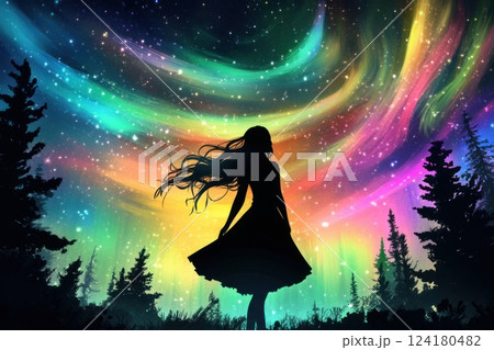 Silhouette of woman with long hair, northern lights in background. 124180482