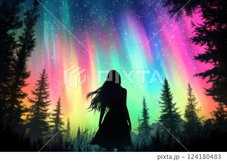 Silhouette of woman with long hair, northern lights in background. 124180483