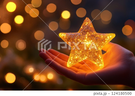 Hand holding a star shaped glowing ball with lights and a bokeh background. 124180500