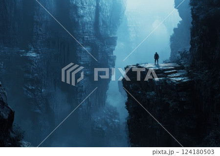 A lone adventurer standing at the edge of an ancient mist covered canyon. 124180503