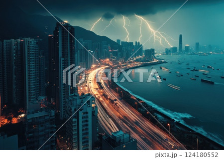 High angle view of lightning over a cityscape with flowing traffic at night. High angle view of lightning over a cityscape with flowing traffic at night. 124180552