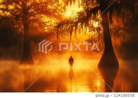Silhouette of a mysterious man standing in a swamp at sunrise with a misty morning and tree. 124180558