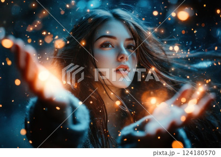 A beautiful woman with long hair surrounded by glowing lights and bokeh effects. 124180570