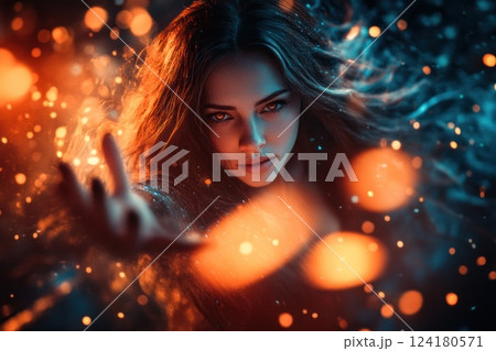 A beautiful woman with long hair surrounded by glowing lights and bokeh effects. 124180571