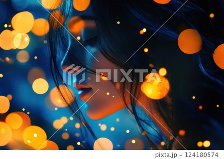 A beautiful woman with long hair surrounded by glowing lights and bokeh effects. 124180574