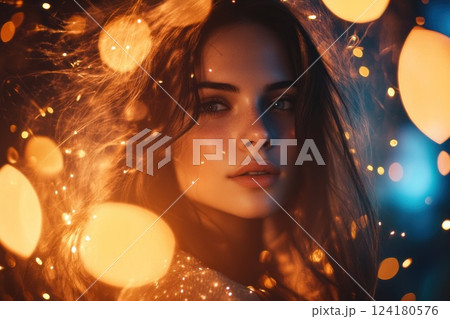 A beautiful woman with long hair surrounded by glowing lights and bokeh effects. 124180576