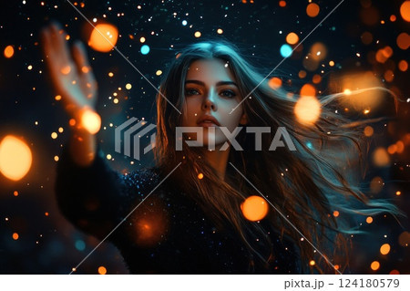 A beautiful woman with long hair surrounded by glowing lights and bokeh effects. 124180579