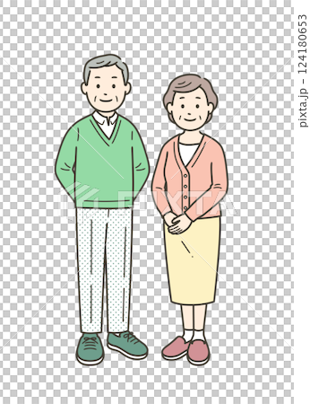 A full-body illustration of an elderly couple standing side by side 124180653