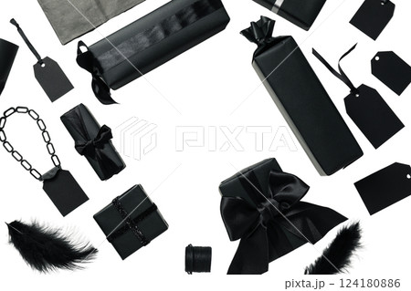 PNG, Black Friday. Only black packages isolated on white background. PNG, Black Friday. Only black packages isolated on white background. 124180886