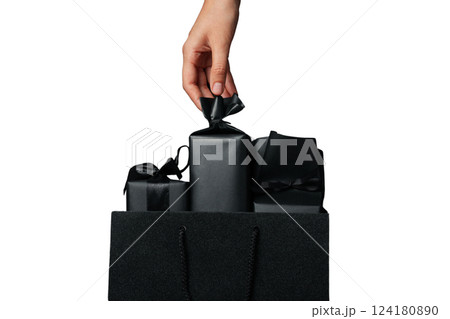 PNG, Black Friday. Only black packages isolated on white background. PNG, Black Friday. Only black packages isolated on white background. 124180890