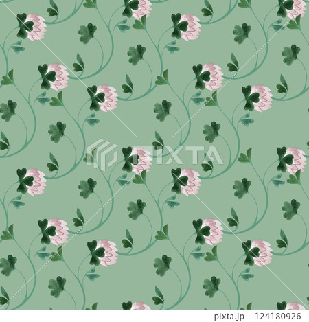 Textile seamless floral pattern with clover flowers and shamrocks in vintage style. Design for kitchen home textiles, tablecloths, curtains, bed linen, dress fabrics, wrapping paper. 124180926