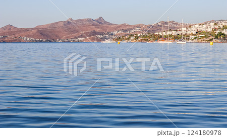 Blue sea, boats, mountains and islands on the Aegean coast. Summer vacation and coastal nature concept 124180978