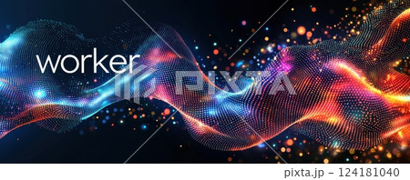 Abstract colorful wavy grid with glowing particle highlights on dark background 124181040