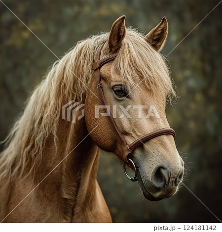 Portrait of a majestic golden horse with a bridle on a soft background 124181142