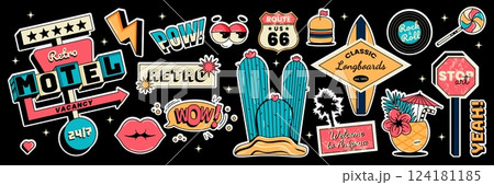 Summer party or vacation sticker set isolated on black background. Motel sign, surfboard, cactus, cocktail, lips, road stop sign and more. Vector illustration 124181185