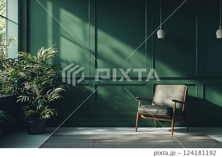 Elegant green interior with armchair and lush indoor plant decoration Elegant green interior with armchair and lush indoor plant decoration 124181192