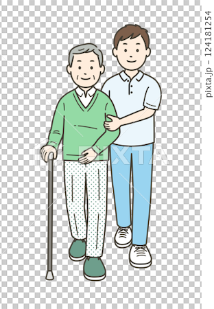 一名男子拄著拐杖幫助老人的全身圖 一名男子拄著拐杖幫助老人的全身圖 124181254