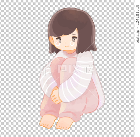 一個穿著睡衣的孩子抱著膝蓋哭泣，拒絕上學 124181319