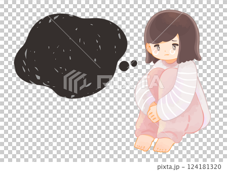 パジャマで膝を抱えて泣いている子供　不登校　登校拒否 124181320