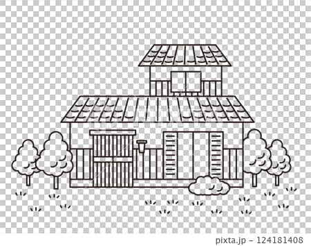 少し古めの日本家屋のシンプルな白黒イラスト 少し古めの日本家屋のシンプルな白黒イラスト 124181408