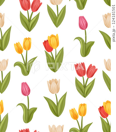Vector naive floral pattern. Texture with multicolored tulips on a white background. Spring rustic background 124181501