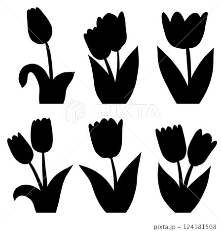 Vector spring set of black silhouette tulips isolated from background. Collection of shadow of blooming flowers clip arts 124181508
