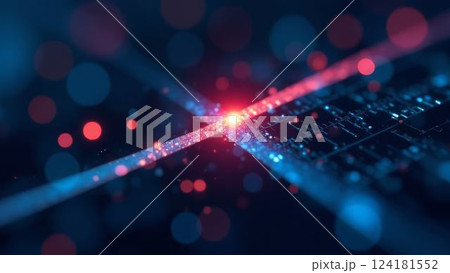 red and blue light beams intersect on a microchip showcasing electronic data flow, highlighting technological sophistication in a circuit board environment, concept of computing, electronic 124181552