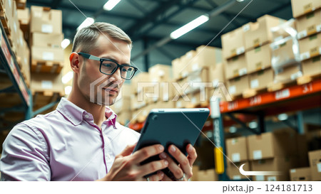 A man stands in a warehouse with a tablet computer, checking inventory statements for the presence of goods. The concept of logistics, supply chain management, and digital inventory control. 124181713