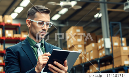 A man stands in a warehouse with a tablet computer, checking inventory statements for the presence of goods. The concept of logistics, supply chain management, and digital inventory control. 124181714