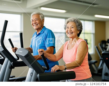 スポーツジムでウォーキングするシニア夫婦 124181754