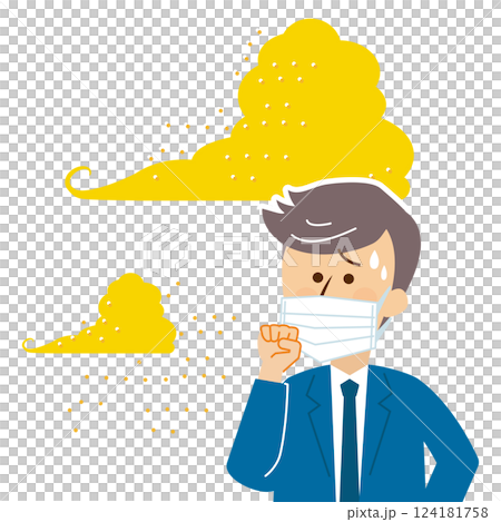 Illustration of a person wearing a mask, yellow sand, PM2.5, pollen, air pollution 124181758