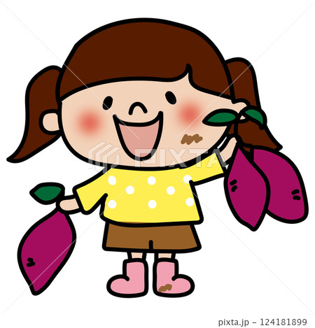 お芋掘りで掘れたさつまいもを見せる子供(女の子) お芋掘りで掘れたさつまいもを見せる子供(女の子) 124181899