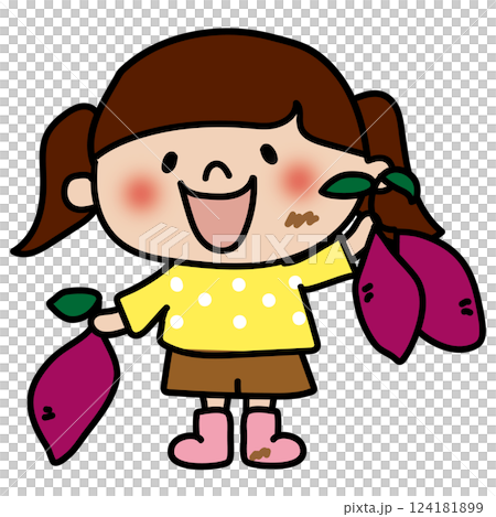 お芋掘りで掘れたさつまいもを見せる子供(女の子) お芋掘りで掘れたさつまいもを見せる子供(女の子) 124181899