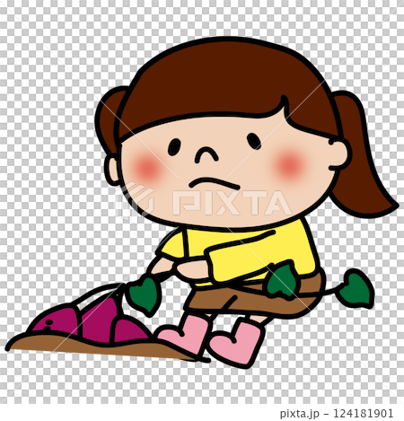 お芋掘りでツルを引っ張る子供(女の子) お芋掘りでツルを引っ張る子供(女の子) 124181901