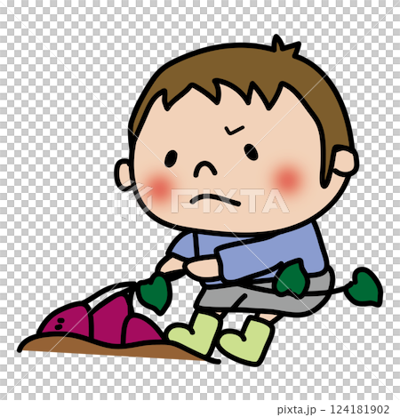 一個男孩一邊拔藤蔓,一邊挖地瓜 一個男孩一邊拔藤蔓,一邊挖地瓜 124181902