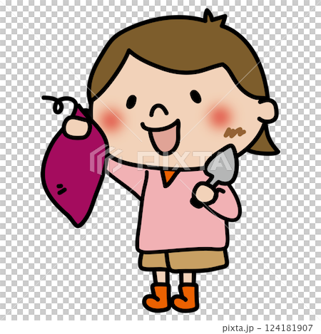 スコップでお芋掘りする子供（女の子） 124181907