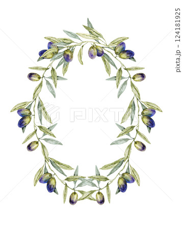 Beautiful wreath with purple olives and green olive leaves. Isolated on white background. Hand drawn watercolor illustration. For invitations, labels, cards, wedding design, first communion, birthday Beautiful wreath with purple olives and green olive leaves. Isolated on white background. Hand drawn watercolor illustration. For invitations, labels, cards, wedding design, first communion, birthday 124181925