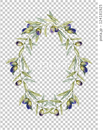 Beautiful wreath with purple olives and green olive leaves. Isolated on white background. Hand drawn watercolor illustration. For invitations, labels, cards, wedding design, first communion, birthday Beautiful wreath with purple olives and green olive leaves. Isolated on white background. Hand drawn watercolor illustration. For invitations, labels, cards, wedding design, first communion, birthday 124181925