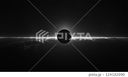 Minimalistic depiction of black hole with an event horizon glowing in deep space 124182090