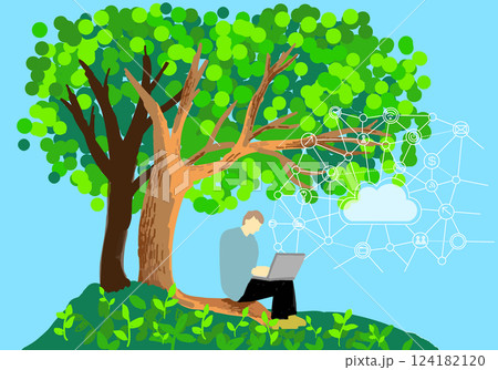 新時代の働き方、自然の中でnetで仕事をする男性 新時代の働き方、自然の中でnetで仕事をする男性 124182120