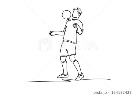 Continuous one line drawing energetic male football defender controlling the ball on his chest at the game. Soccer championship league competition. Single line draw design vector graphic illustration 124182428