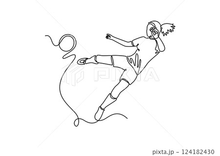 Continuous one line drawing young attractive female football striker performing a jump kick trick to make goal. Soccer league competition concept. Single line draw design vector graphic illustration 124182430
