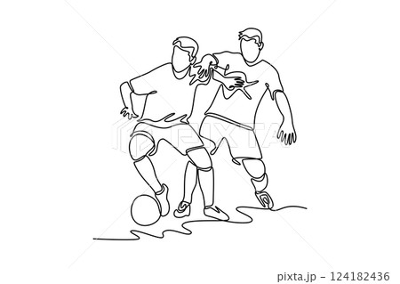 Single continuous line drawing two football player defender and midfielder fighting for a ball at soccer league championship competition. Sports match concept. One line draw design vector illustration 124182436